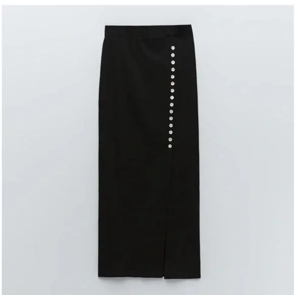 ZARA Pencil Basic Skirt Midi Casual Side Split Ribbed Knit Bodycon Skirt - Picture 3 of 8